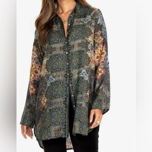 Johnny Was Mumbai Della Gray and Blue Patterned Silk Tunic, Size Small, NWT